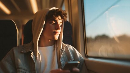 A young person in a hoodie and denim jacket sits on a bus, gazing out the window as sunset light bathes their face while scrolling on phone.