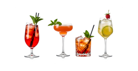 Variety of cocktails featuring alcohol, isolated on a white background

