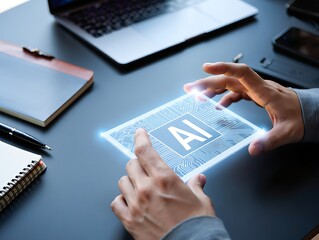 Hands holding a glowing ai interface over a desk with laptop and notebook