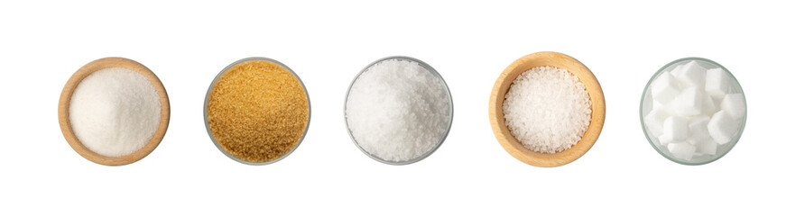 Piles of white and brown cane sugar. Assorted granulated sweetener isolated on white