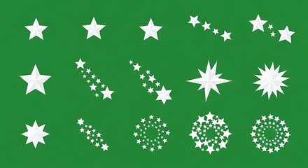 Diverse collection of white stars, arranged in various patterns and formations, set against a solid green background.