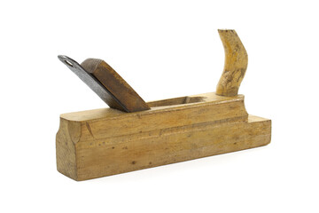 Old wooden hand plane resting on white background