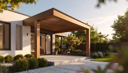 Fototapeta premium Wooden pergola covering the entrance of a modern house with beautiful garden