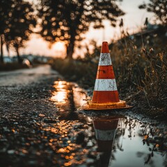 Orange traffic cone in puddle, sunset