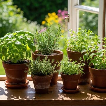 Fresh potted herbs on a sunlit windowsill with a garden view.