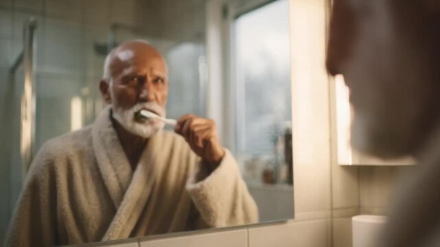 An elderly man in a bathrobe brushing his teeth in front of a bathroom mirror.
