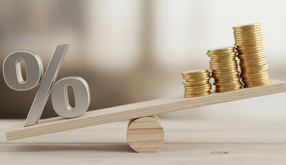 Percentage symbol and stacks of coins on a balance scale representing financial growth and investment