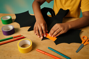 Child making bat wings costume using colorful tape, scissors, and markers at table, creative halloween arts and crafts activity