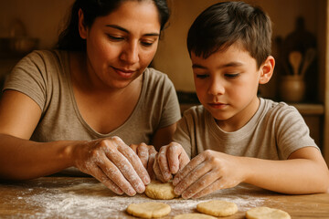 Mother and son bonding together in kitchen, baking cookies, hands dusted with flour, family cooking time at home