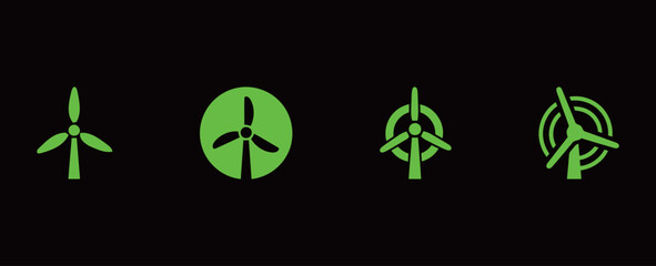 A set of various windmill and wind turbine icons on a black background, representing renewable energy and sustainability.