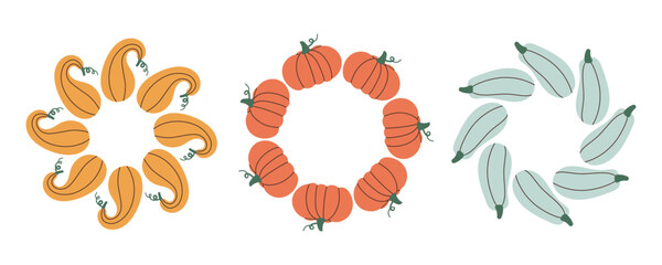 Pumpkin, round frame, harvest vegetables. Banners, posters with space for text. Harvest festival, Halloween. Drawing, doodle. Diet vegetarian natural food, isolated background.