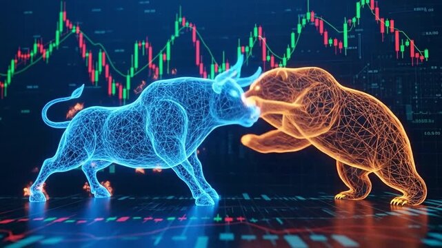 Futuristic stock exchange battle with luminous bull and bear symbols on a digital chart display