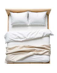 Comfortable modern bed with white bedding and a neutral throw displayed on a light background