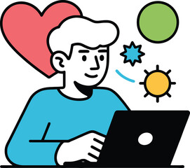 Person working on laptop surrounded by symbols of creativity, health, and happiness