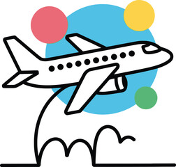 Whimsical airplane soaring through bright sky with colorful circles