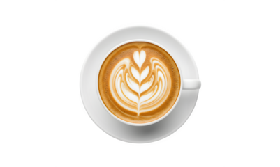 perspective of a milk coffee cup and its saucer, isolated on a white surface