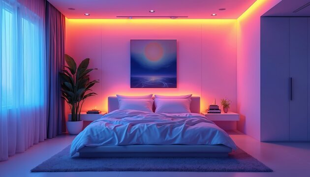 Modern bedroom with ambient neon lighting in purple, pink hues. Features comfortable bed with white linens, bedside tables, large plant, abstract wall art. Room stylish, luxurious, serene atmosphere, - Powered by Adobe