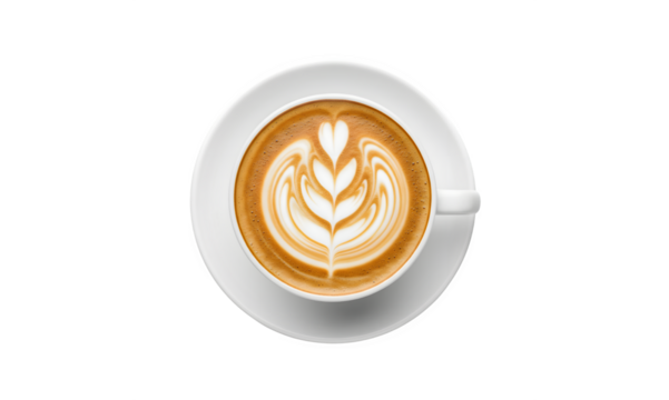 perspective of a milk coffee cup and its saucer, isolated on a white surface