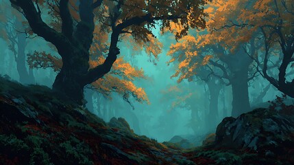 Enchanted forest pathway bathed in ethereal teal and golden autumn light