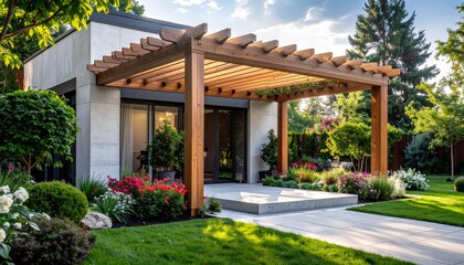 Fototapeta premium Wooden pergola covering the entrance of a modern house with beautiful garden