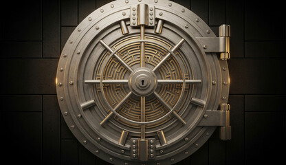 Secure financial vault door with intricate maze-like dial, representing security and access