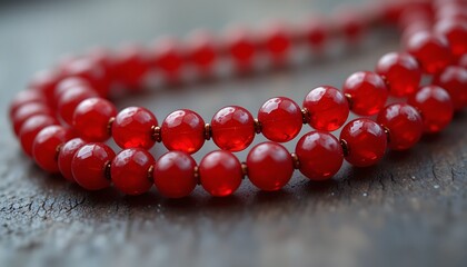 Close-up of a red gemstone beaded necklace.