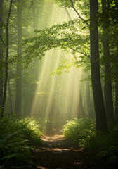 Fototapeta premium Serene Forest Path with Sunbeams - Nature, Trees, Sunlight, Trail, Greenery, Peaceful Scene