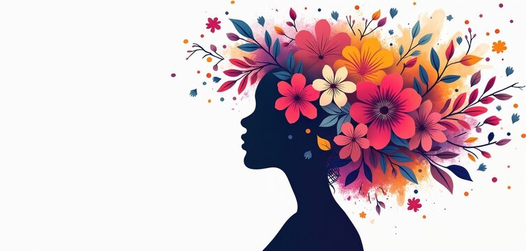 Silhouette of woman with vibrant floral crown. Colorful pastel flowers, leaves symbolize growth, creativity, femininity. Ideal for Women History Month, International Women Day, feminist themes.