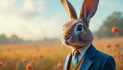 Portrait of an anthropomorphic rabbit in a formal suit standing in a sunlit field of flowers.