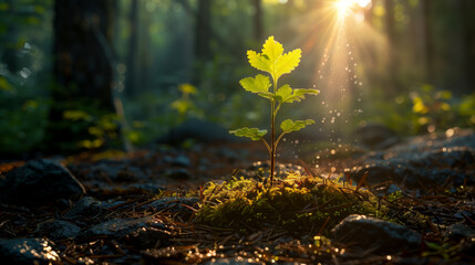 Obraz premium young Plant Growing in Forest Light – Concept of Hope and Renewal