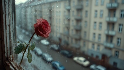 Rainy window, rose, city view
