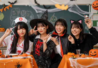 Four Japanese High School Girls Enjoying a Halloween Party in a Classroom at School Festival