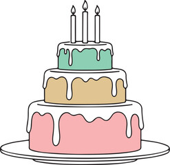 Vector art of handdrawn illustration of a threetiered birthday cake with candles