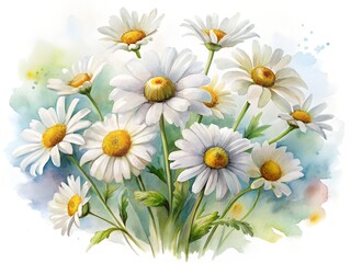 Obraz premium Watercolor flower a charming watercolor bouquet of white daisies with yellow centers isolated on white background