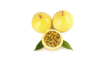 Golden Passion Fruit with Seeds and Leaves on White Background
