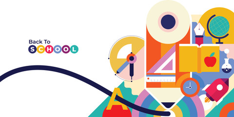 Vibrant back to school background with geometric flat style illustration. Colorful and modern design concept ideal for school supplies, banners, posters, and educational promotions