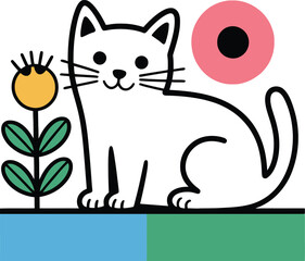 Charming white cat sits near a vibrant yellow flower and abstract pink circle.