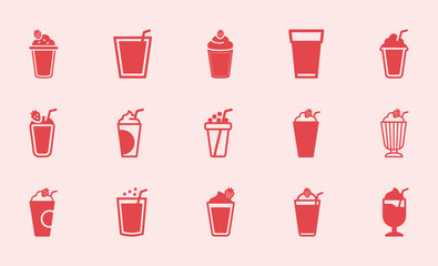 Set of strawberry and raspberry milkshake icons, a collection of sweet fruit smoothie and dessert drink symbols
