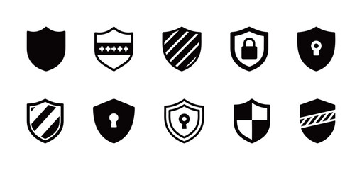 Set of shield and security icons, a collection of black silhouette symbols for data protection and safety