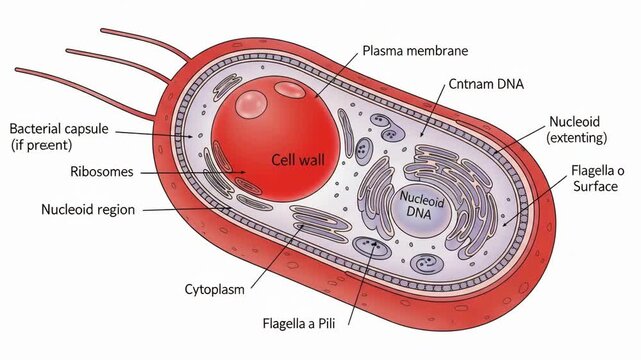 Detailed bacterial cell structure and components with labels for educational purposes and scientific research, showing key parts of the cell.