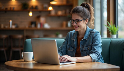 Female freelancer working on laptop at coffee shop, drinking coffee and typing with focused expression during creative workday