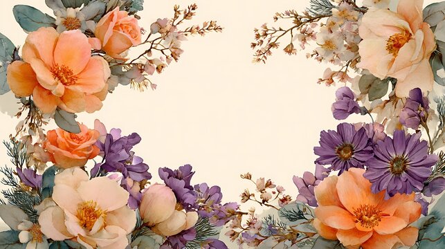 Vintage floral frame with soft peach roses and purple accents on a creamy background