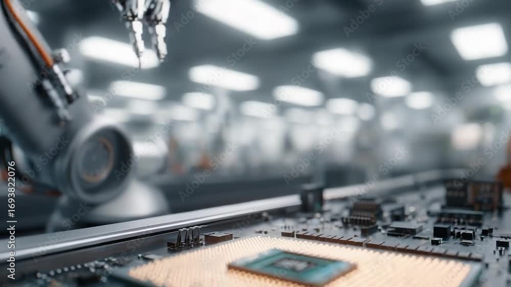 Poster robotic arm placing a microprocessor onto a motherboard in a semiconductor factory.