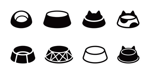 Set of black and white pet bowl icons, a collection of dog and cat feeding dish symbols