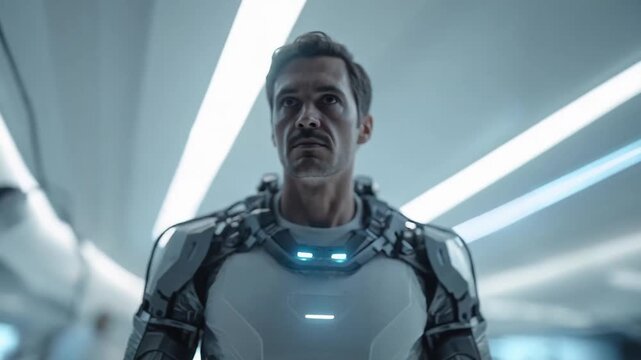 A man wearing a white futuristic exosuit stands in a neon-lit sci-fi corridor, looking intense.