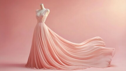 A flowing silk evening dress displayed on a mannequin elegant pleated design with intricate lace details soft lighting enhances the texture solid pastel pink background 
