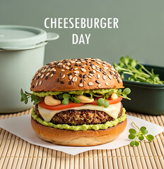 Delicious cheeseburger with sesame seed bun celebrating cheeseburger day