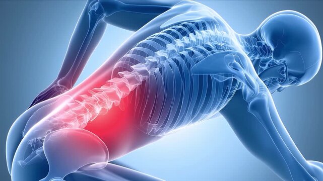"腰痛の視覚表現: ルンバー領域での痛みと不快感を具現化したイメージ."