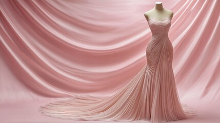 A flowing silk evening dress displayed on a mannequin elegant pleated design with intricate lace details soft lighting enhances the texture solid pastel pink background 