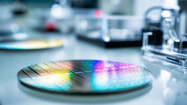 A round silicon wafer with rainbow iridescence on a lab bench in a cleanroom-like lab.